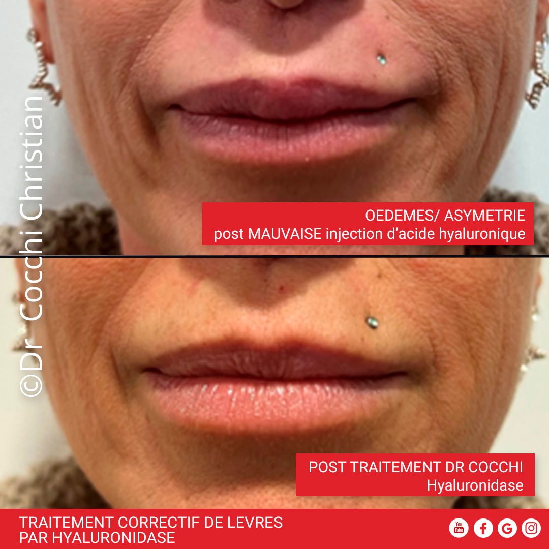 Traitement correctif des l&egrave;vres par hyaluronidase apr&egrave;s injection d'acide hyaluronique trop importante et mal positionn&eacute;e par un non m&eacute;decin